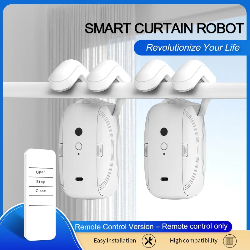 2-Piece Smart Electric Curtain Opener with Remote Control – Quiet Automatic Motorized Curtain System